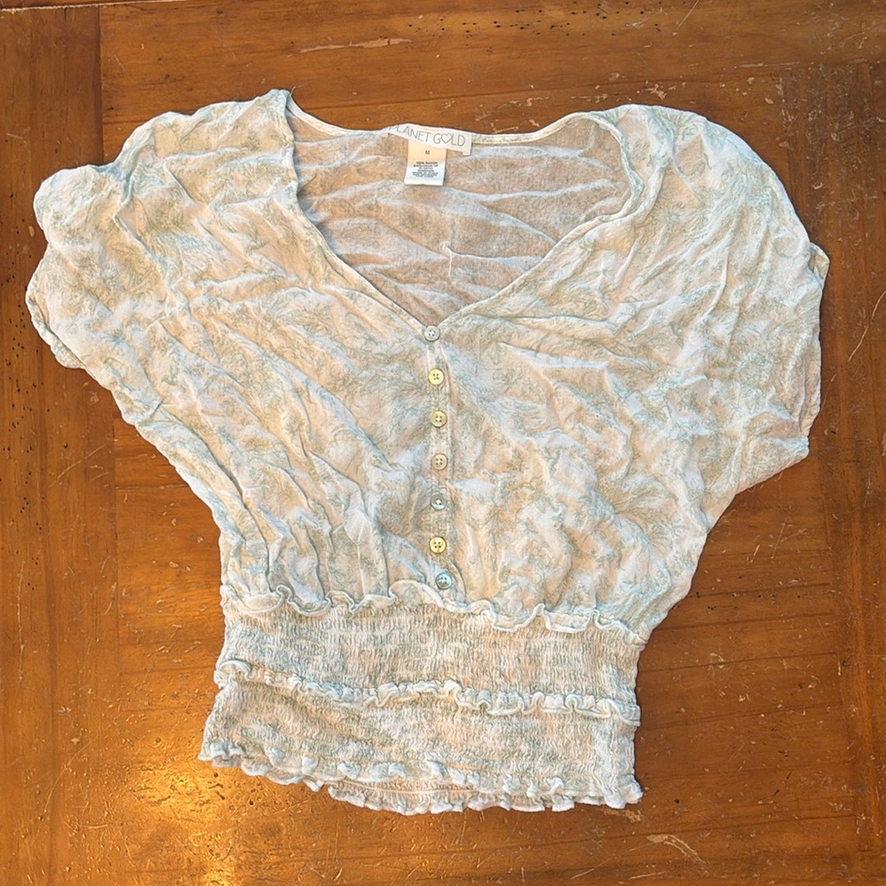 Planet Gold Green Smocked Floral Blouse Size Medium